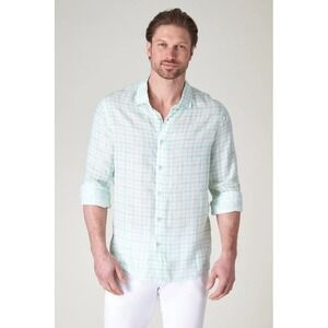 Raffi 100% Linen Button Down Shirt Large Old Money Resort Spearmint Green Plaid
